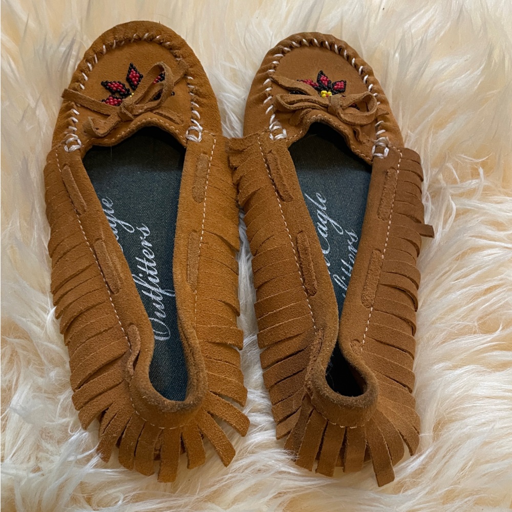 American Eagle Outfitters Fringe Beaded Suede Leather Slip On Moccasins Size 6 - Picture 5 of 6